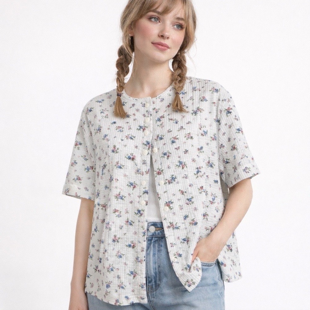 Floral 90s Grandma Top Womens Cottagecore Button Front White S Prairie‎ Eyelet